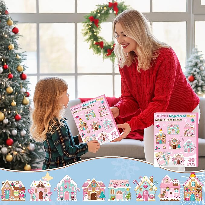 CY2SIDE Christmas Gingerbread House Stickers - 40PCS Pink Gingerbread House Make a Face Sticker Sheets for Kids School Reward, DIY Santa Claus Sticker Game Xmas Winter Party Favor for Home Fun Project