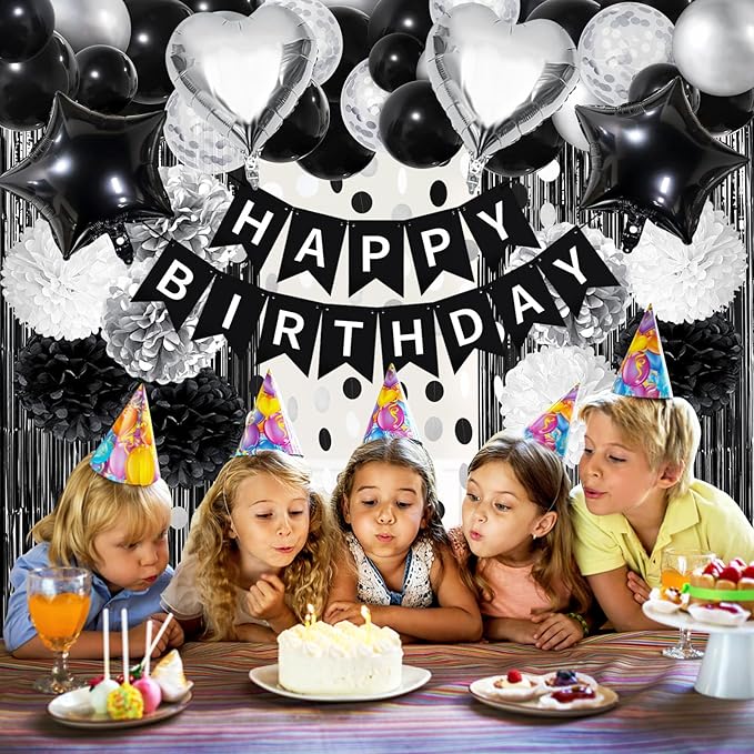 ZERODECO Black White Birthday Party Decorations, Happy Birthday Banner Pompoms White Black Balloon Arch Fringe Curtain Party Décor for Men Women Black and White Party