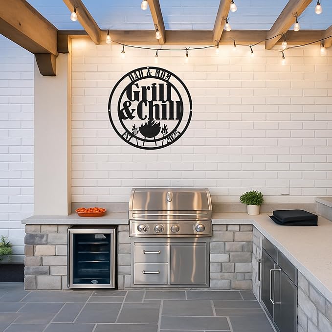 Custom BBQ Grill Metal Sign Personalized Name Wall Art for Outdoor Barbecue Patio Kitchen Backyard Decor Gift for Dad Husband Men Papa Grandpa Father Grilling Enthusiasts Family Lover Funny Gifts 50