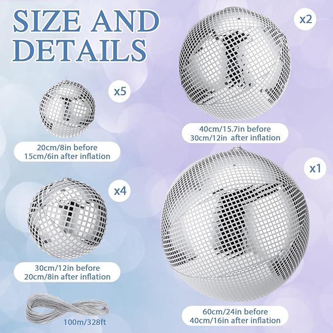 HyDren 12 Set Inflatable Disco Ball with Cover Foldable Hanging Mirror Disco Ornaments for Christmas Wedding Birthday Baby Shower Bachelorette Party Indoor Outdoor (16/12/8/6 Inch)