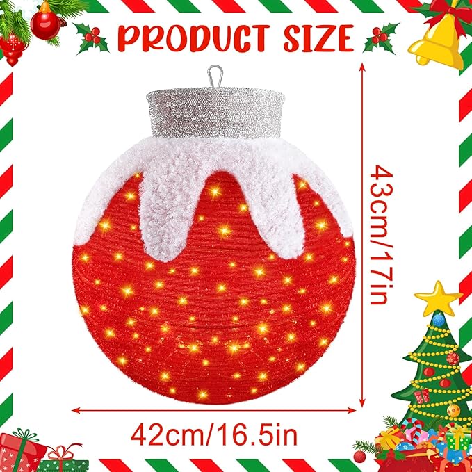 Outdoor Hanging Christmas Ornaments, Lighted Pop-Up Hanging Outdoor Holiday Ball Decoration, 8 Light Modes, Lighted Collapsible Holiday Decorations (Red)