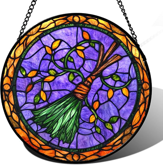 Stained Glass Window Hanging - Halloween Decorations Witch Magic Broom Suncatcher for Doors Garden Spooky Funny Purple Sun Catchers Gothic Decor Horror Gifts for Women Men Friend 6.3 in