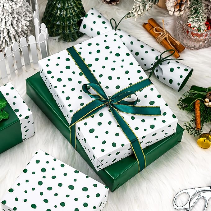 Burymento Green Lrregular Wave Point Wrapping Paper, Reversible Gold Gift Wrap for Birthday, Valentines, Mothers day, Graduation, Wedding, Fathers day, Baby Shower, Christmas (17in x 16.4ft)
