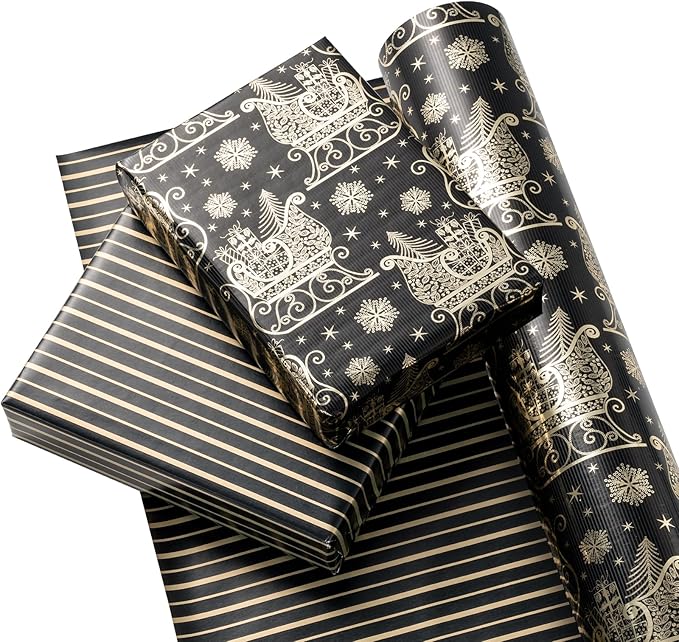 WRAPAHOLIC 30 Inch Jumbo Reversible Black and Gold Christmas Wrapping Paper - 30 Inch x 100 Feet Jumbo Roll Black Gold Sleigh and Stripe Wrapping Paper with Metallic Foil for Christmas, Holiday, Party