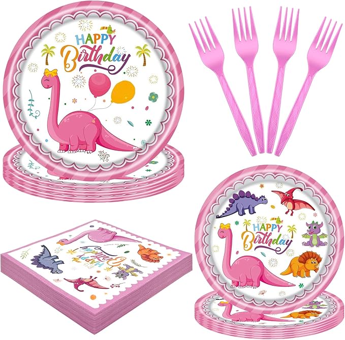 96 PCS Pink Dinosaur Party Supplies, Dinosaur Birthday Party Tableware Set for Girls Pink Dino Plates Napkins Forks for 24 Guests