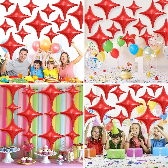 Red Star Balloons,12Pcs Four Angle Star Foil Balloons,26Inch and 10Inch Red Quadrangle Helium Balloon for Birthday New Year Christmas Anniversary Baby Shower Wedding Party Decorations