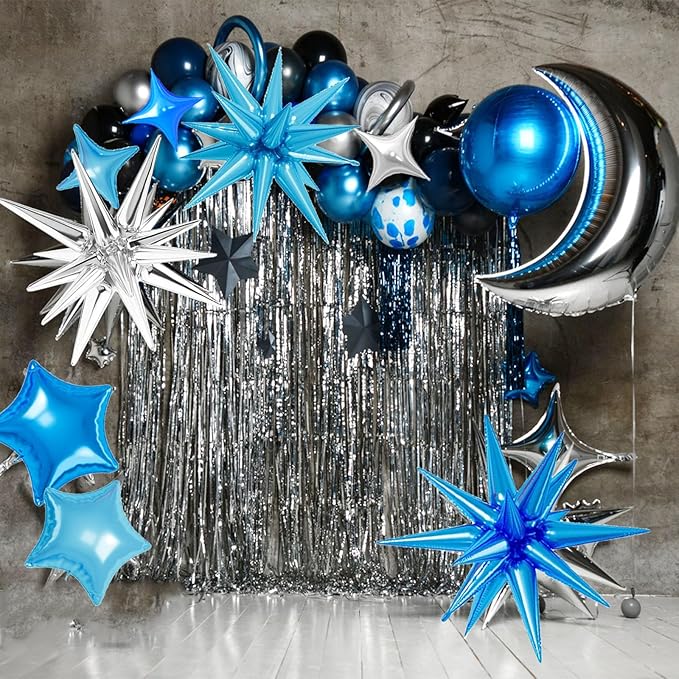 21 Pcs Star Balloons,22/18/10 Inch Star Foil Mylar Balloon,Spike Balloon and Four Pointed Balloons for Party Supplies Christmas Birthday Wedding Photo Booth (Silver Blue Light Blue)