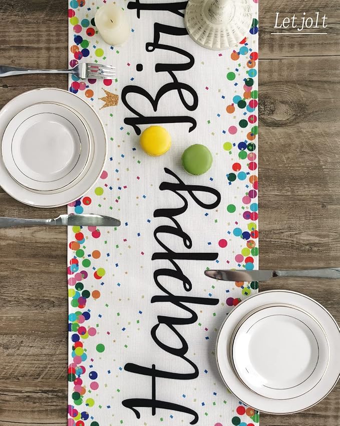 Letjolt Happy Birthday Table Runner 108 Inches Birthday Centerpieces for Tables Birth Day Party Sign Polka Dots Table Decoration, White