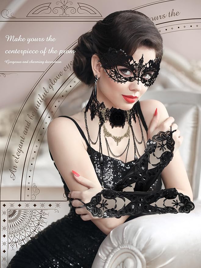 Newcotte 6 Pcs Masquerade Mask for Women Lace Mask Choker Necklace Glove for Christmas Halloween Venetian Party 80s 90s