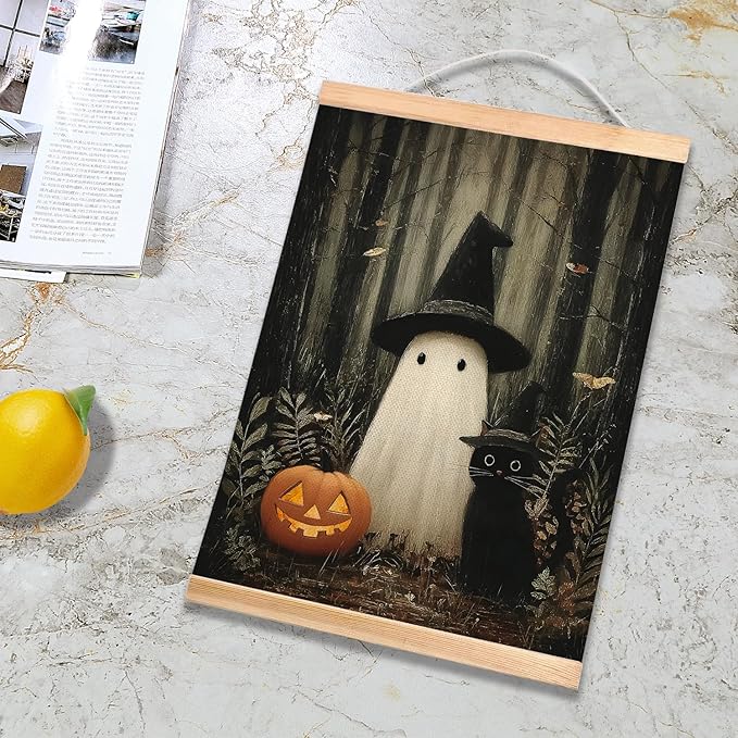 Rustic Halloween Ghost and Black Cat with Pumpkin Wall Art 18.5x14 Inch,Halloween Linen Canvas Wall Hanging Poster Decor, Retro Gothic Haunted House Theme Wall Poster for Living Room (BLK03)