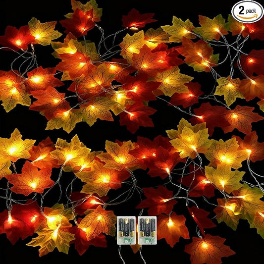Fall Decorations Leaves Garland with Lights,Home Maple Leaf String Lights Multicolored 2 Pack 40FT 80LED Battery Operated with Timer,for Autumn Harvest Table Fireplace Porch Thanksgiving Indoor Decor
