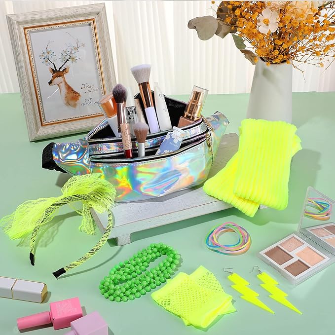 Handepo 19 Pcs 80s Costume Accessories Holographic Fanny Pack Leg Warmers Lace Headband Earrings Gloves Necklace Bracelet