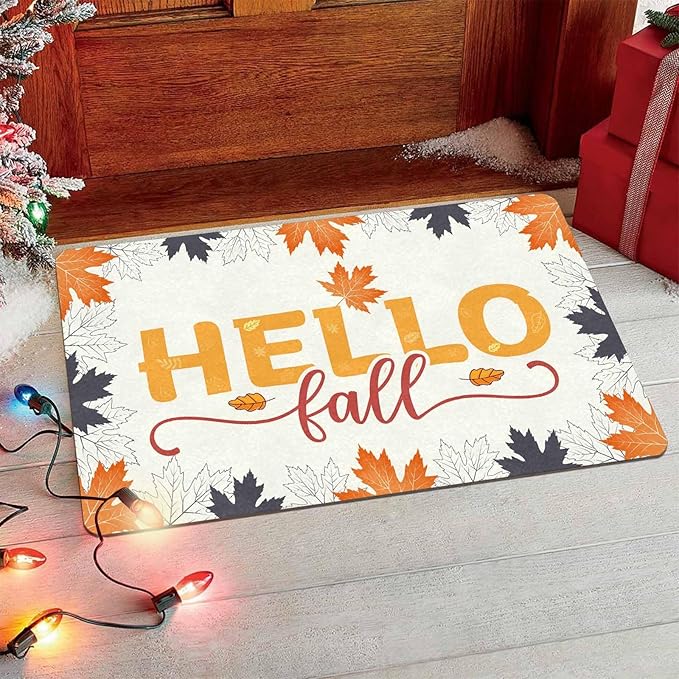 Thanksgiving Door Mat Hello Door Mat Fall Doormat, Fall Maple Leafs Doormat for Indoor Outdoor Entrance Floor Mats Non Slip Autumn Harvest Vintage Thanksiving Decor Rubber Welcome Mats, 24"x16"inch