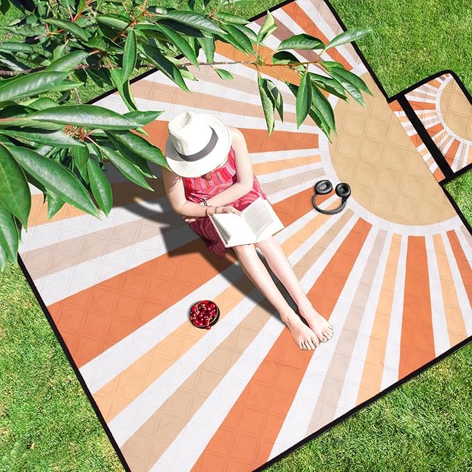 Picnic Blankets Waterproof,79''x79'' Extra Large Foldable Sandproof Beach Blanket,Portable 3-Layer Polyester Outdoor Picnic Blanket for Grass Lawn,Beach,Family Camping,Park,Travel-Starburst Orange