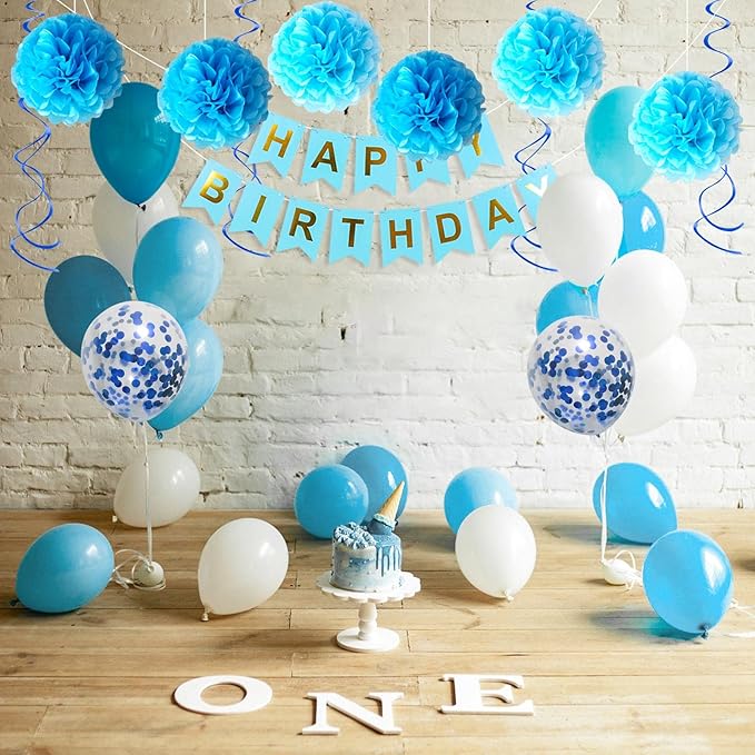 Blue White Birthday Party Decoration Kit - Happy Birthday Banner, Spiral Charm, Paper Flower Ball, Latex Balloons and Confetti for Boys' Party Supplies