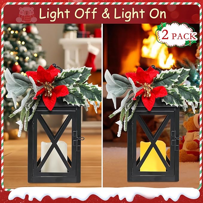 Christmas Lanterns Decorative Indoor, 2 Pack Christmas Lantern Outdoor, 12 Inch Decorative Candle Lanterns Flameless Light with Floral and Greenery for Table Centerpieces,Home, Porch Decor