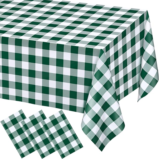 WNINK 3 Pack Green and White Checkered Rectangular Plastic Tablecloths, Green Gingham Waterproof Disposable Table Covers 54" x 108" for Birthday, Wedding, Outdoor Picnic Camping Parties