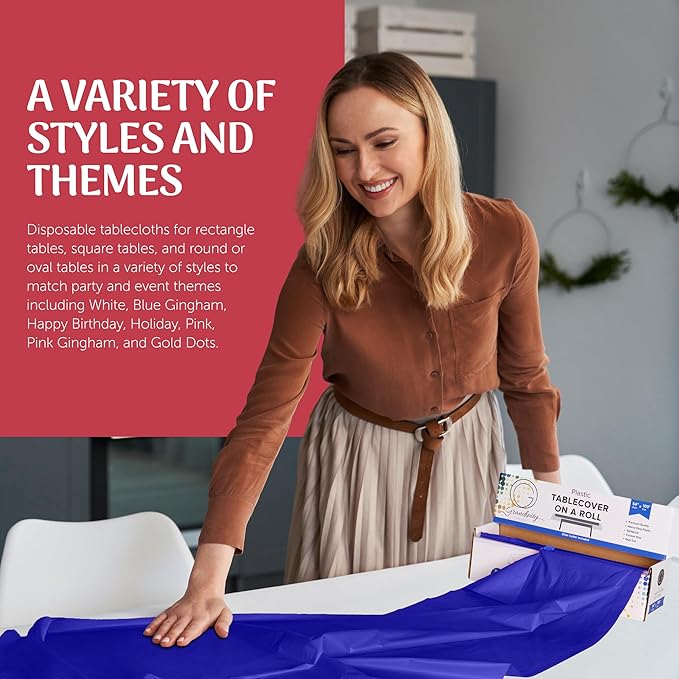 Grandipity Blue Plastic Tablecloth Roll, 54x100’ Rectangular, Disposable with Cutter Box, for Parties & Events