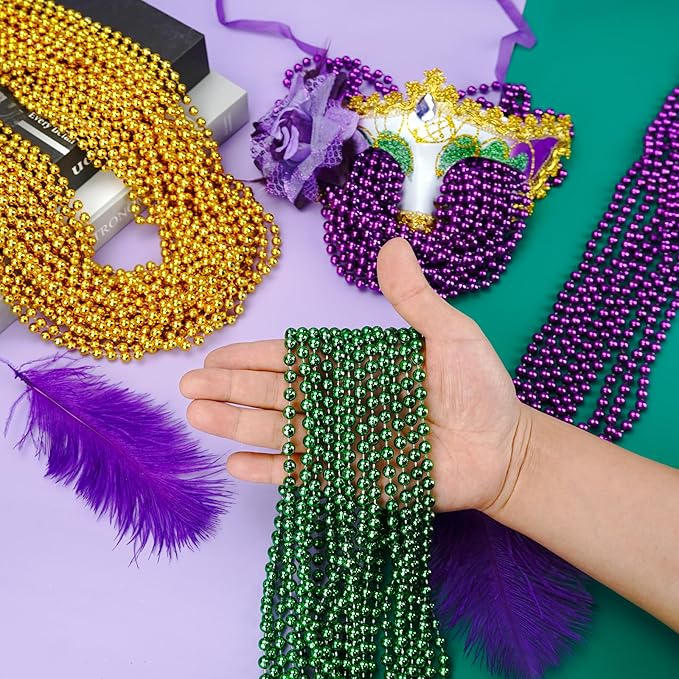 SHAOQINLIN Mardi Gras Beads, 24Pcs Mardi Gras Beads Necklaces 33'' 7 mm Metallic Gold Green Purple Bead Necklaces Mardi Gras Decorations for Mardi Gras, Christmas, Party Favors