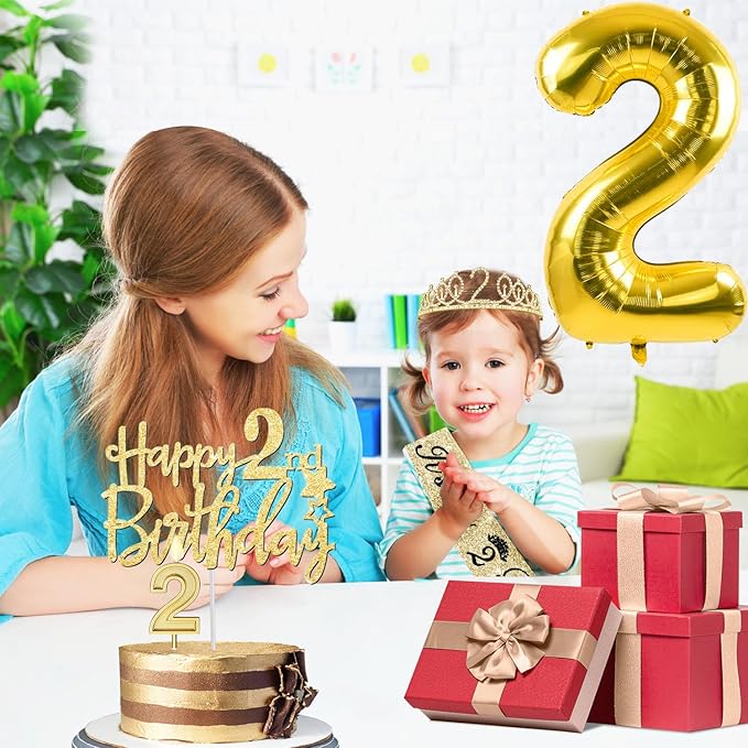 2nd Birthday Decorations for Baby Girls, Including Sash and Crown, Cake Topper and Candle 2, Number Balloon, 2nd Birthday Gifts for Girls