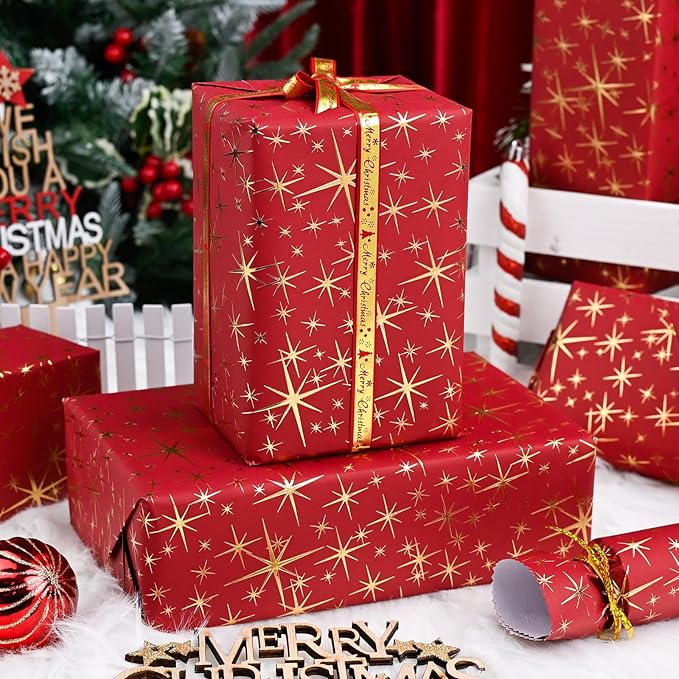 Garbendy Red Christams Wrapping Paper Roll - 17 Inch X 32.8 Feet - Embossing 3D with Gold Foil Star Design for Christmas, Birthday, Wedding, Baby Shower, Bridal Shower, Party