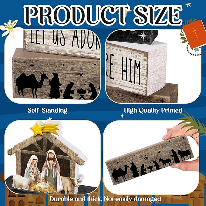 4 Pcs Christmas Table Decor Wooden Christian Religious Decoration Nativity Scene Centerpiece Nativity of Jesus Tiered Tray Decor Farmhouse Xmas Decoration for Kitchen
