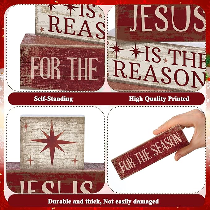 4 Pcs Christmas Table Decoration Jesus Decor Christmas Tiered Tray Decor Christian Centerpiece Decorative Jesus Block Signs Gift Farmhouse for Religious Home Office Tabletop Kitchen Office