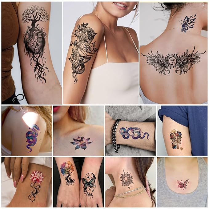 77 Sheets Temporary Tattoo for Women Men, 17 Sheets Half Arm Snake Skull Butterfly Fake Tattoos, 60 Sheets Cat Feater Wings Tiny for Adult Kids Party Body Tattoos Stickers Realistic Long Lasting