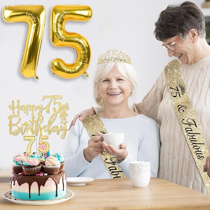 75th Birthday Decorations - Women's Sash & Tiara, Cake Toppers, Number 75 Candles, Gold Balloons, Party Gifts