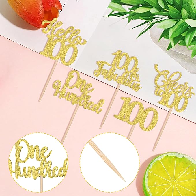 30PCS Happy 100th Birthday Cupcake Toppers One Hundred Cheers to 100 Years Birthday Cupcake Picks Hello 100 Fabulous Cake Decorations for Happy 100th Birthday Anniversary Party Supplies Gold