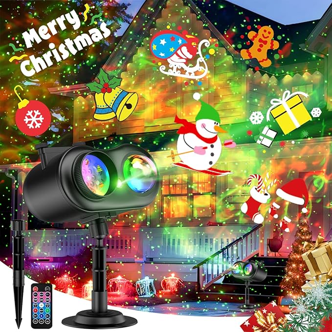 Christmas Projector Lights Outdoor Waterproof, 20 Slides & 8 Bright HD Patterns, Firefly & Ocean Wave Effects, Timer Snowflake Light Projector for House Yard Xmas New Year Valentine’s Thanksgiving