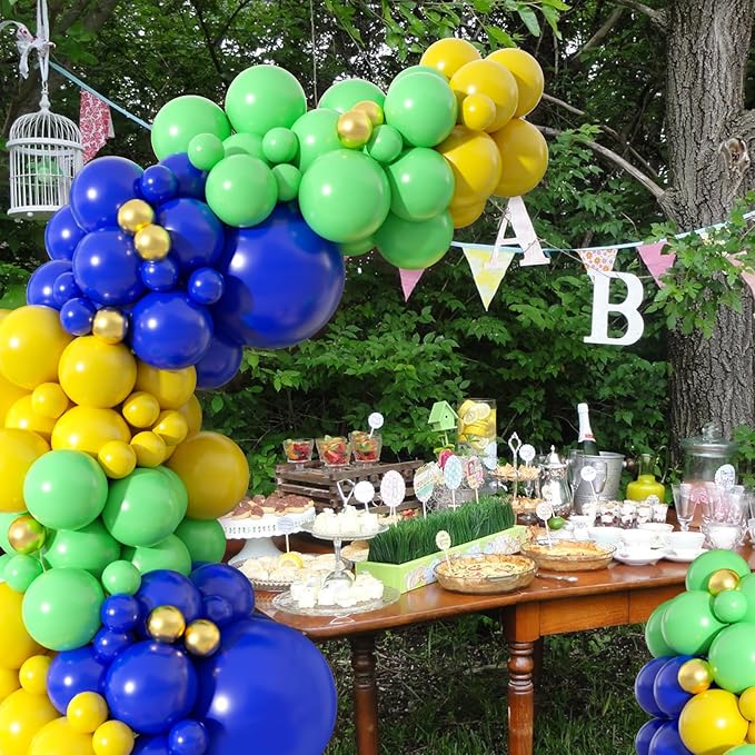 Paready Blue Green Balloons Garland Arch Kit,117Pcs Royal Blue Green Yellow Balloons Arch for Fruit Theme Birthday Wedding Bridal Shower Graduation Jungle Baby Shower Party Decorations