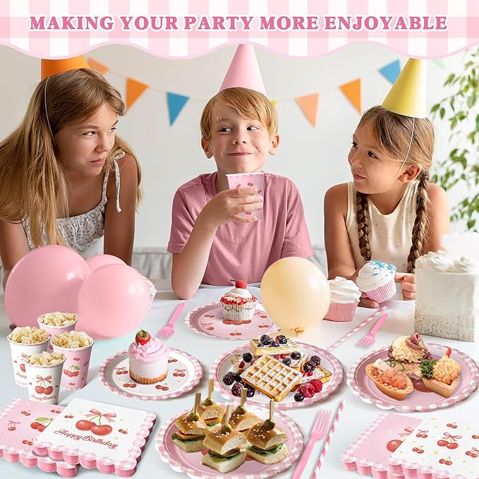 300 Pcs Cherry Plates and Napkins Tableware Set (Serves 50), Plates Napkins Cups Straws and Forks Sets, Cherry Party Birthday Supplies, Tropical Baby Shower Birthday Bridal Party Decorations