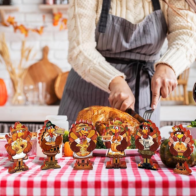 6 Pcs Thanksgiving Turkey Decorations Wooden Turkey Table Centerpieces Fall Tiered Tray Decor Thanksgiving Standing Wooden Block Signs for Home Kitchen Tabletop Shelf Autumn Harvest Party