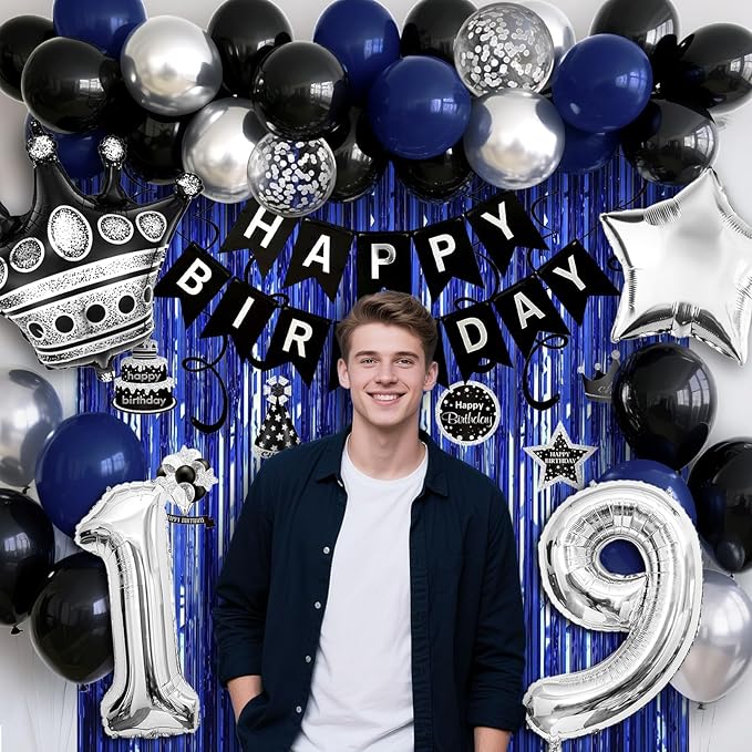 19th Birthday Decorations for Boys and Girls, Black Blue Silver Happy Birthday Number 19 Balloons, Banner, Fringe Curtains Garland Kit - 19 Year Old Party Supplies