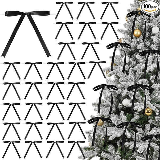 Riceshoot 100 Pcs Twist Tie Bows Bulk 5x7 Inch Satin Ribbon Bows for Gift Wrapping Cake Treat Bags Craft DIY Gift Wedding Baby Shower Birthday Party (Black)