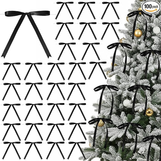 Riceshoot 100 Pcs Twist Tie Bows Bulk 5x7 Inch Satin Ribbon Bows for Gift Wrapping Cake Treat Bags Craft DIY Gift Wedding Baby Shower Birthday Party (Black)