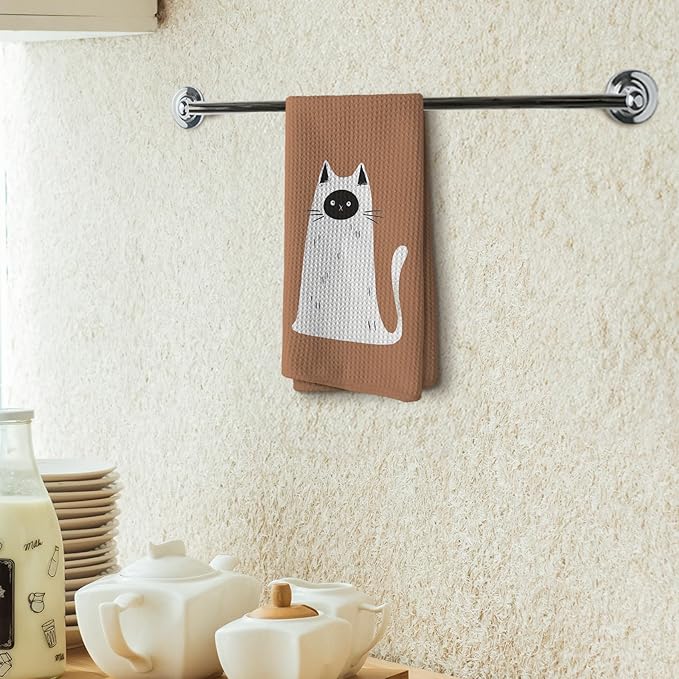TNUW Ghost Cat Orange Kitchen Towels 16X24In, Halloween Cat Decorations Towels for Fall Kitchen Decor