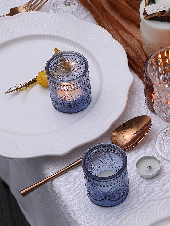 DEVI 24pcs Navy Blue Votive Candle Holders for Table Centerpieces, Blue Tealight Candle Holder for Bridal Shower Decorations, Boho Wedding Decorations for Home Party, Blue Sunflower Decor