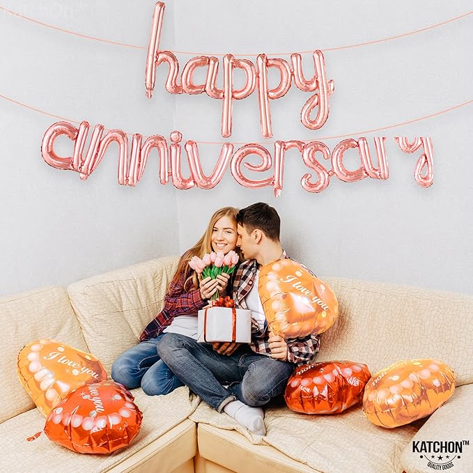 KatchOn, RoseGold Anniversary Balloons & Banner - 16 Inch | Foil Balloons, Party Decorations