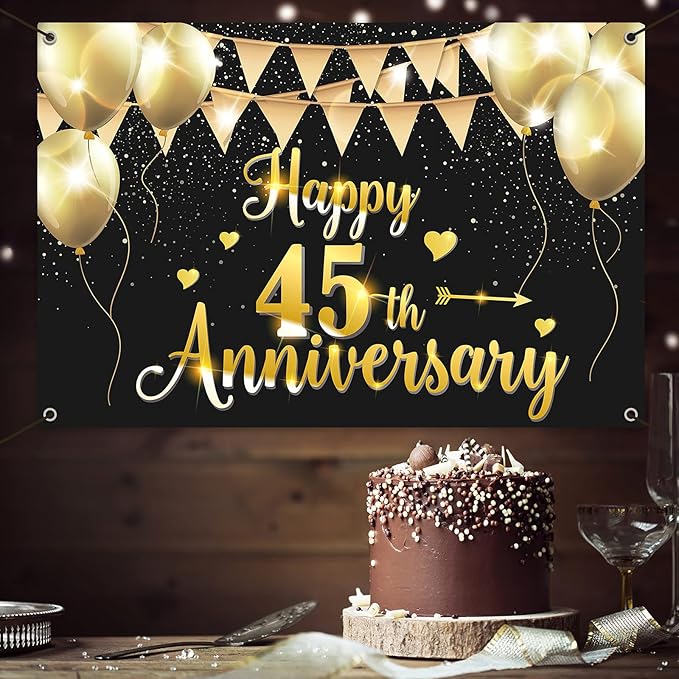 HAMIGAR 6x4ft Happy 45th Anniversary Banner Backdrop - 45 Wedding Anniversary Decorations Party Supplies - Black Gold