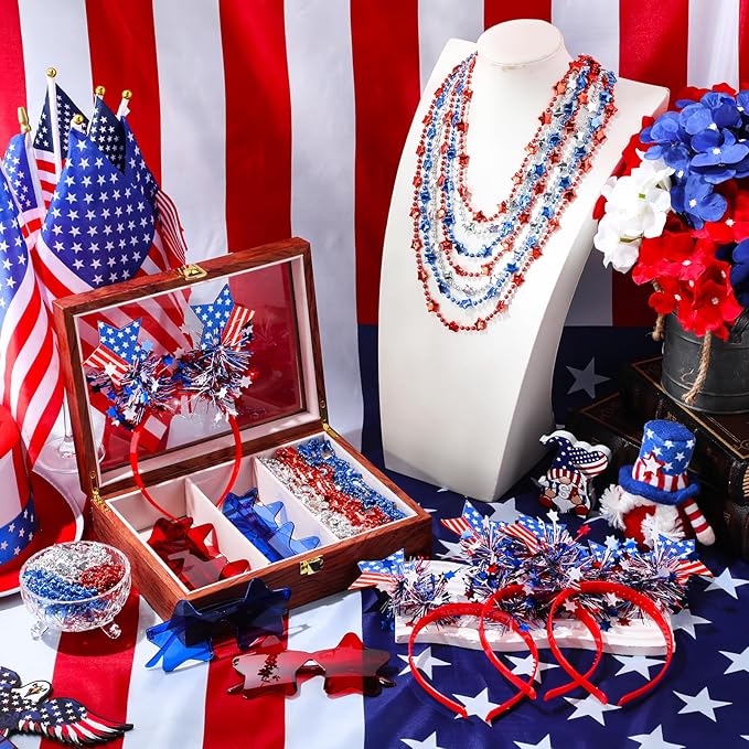 50 Pcs Red and White Holiday Team Spirit Party Accessories Pom Pom Party Headbands Star Shape Sunglasses Bead Necklaces Stuff Favors for Birthday Wedding Supplies( Independence Day)