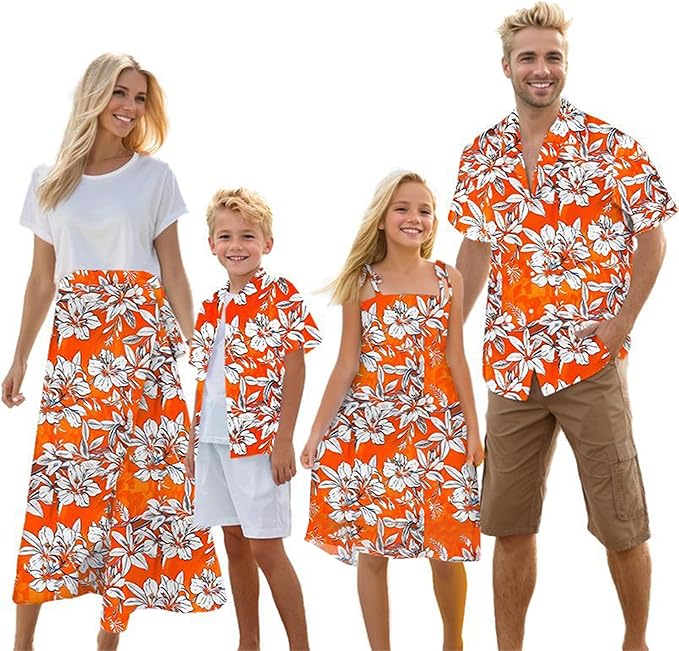 Cromoncent Matching Hawaiian Outfits for Family, Dad and Son Matching Luau Beach Tropical Shirts Mommy Daughter Tropical Sets