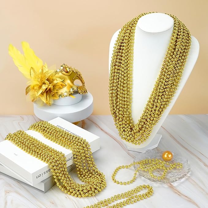 SHAOQINLIN 30 PCS Gold Bead Necklace, Gold Mardi Gras Christmas Beads Necklaces 33" Metallic Beaded Costume Necklaces Party Necklaces for Mardi Gras Parade Throws Wedding Birthday Pirate Party Favors