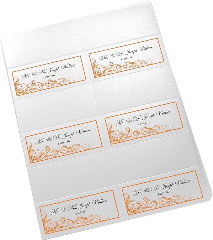 Scribble Vintage Swirl Printable Place Cards, Orange (Choose Color), Set of 150 (25 Sheets), Laser & Inkjet Printers - Wedding, Party, Dinner, and Special Events