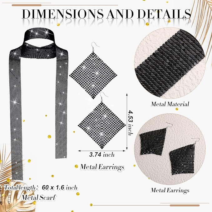 Sasylvia 5 Pcs 70s Disco Accessories Halloween Women Costume Jewelry Sequin Scarf Earrings Sunglasses Bracelet Headband