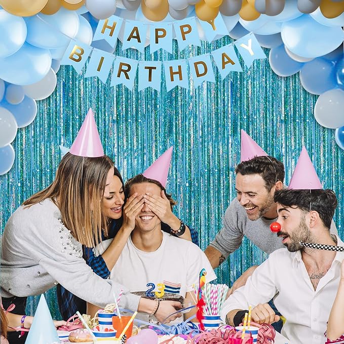 Crosize 3 Pack 3.3 x 9.9 ft Laser Blue Foil Fringe Curtains Party Decorations, Laser Blue Tinsel Curtain Backdrop for Parties, Door Streamers, Glitter Streamer Backdrop for Birthday Decoration