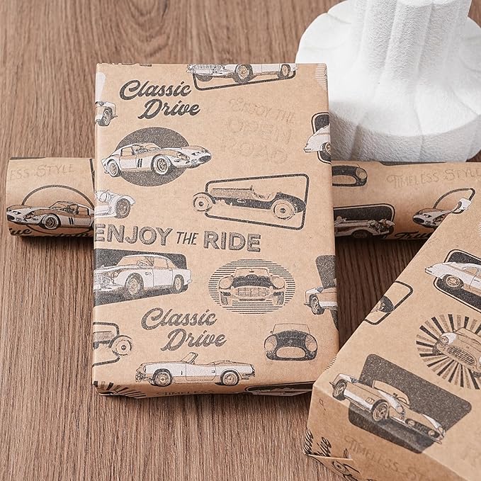 Ulmasinn Kraft Birthday Wrapping Paper Roll - 17 Inches X 33 Feet - for Boys Girls Kids Retro Classic Racing Sports Car Pattern Great for Birthday, Party, Anniversary