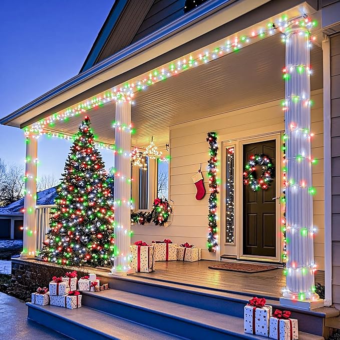 100FT 300 LED Christmas Lights Outdoor, Plug in Christmas String Lights Indoor, Waterproof & 8 Modes & Timer Function, Connectable Fairy Twinkle Light for Bedroom Patio Xmas Decor, Red White Green