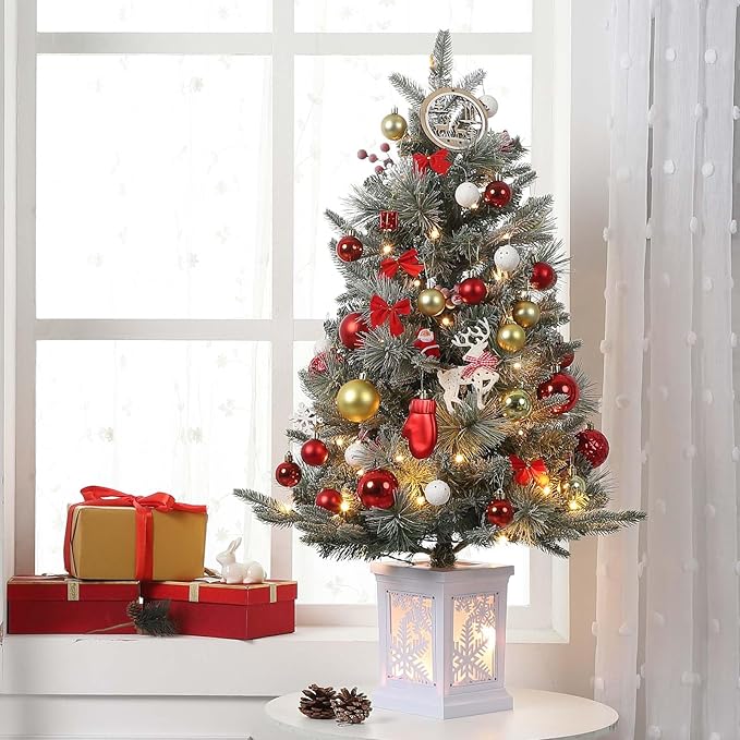 3 ft Prelit Christmas Tree with 78 Warm Lights & Red Berry, Artificial Xmas Trees with Snowflake Light Box Base, for Home, Office, Fireside Christmas Decoration, Set of 2